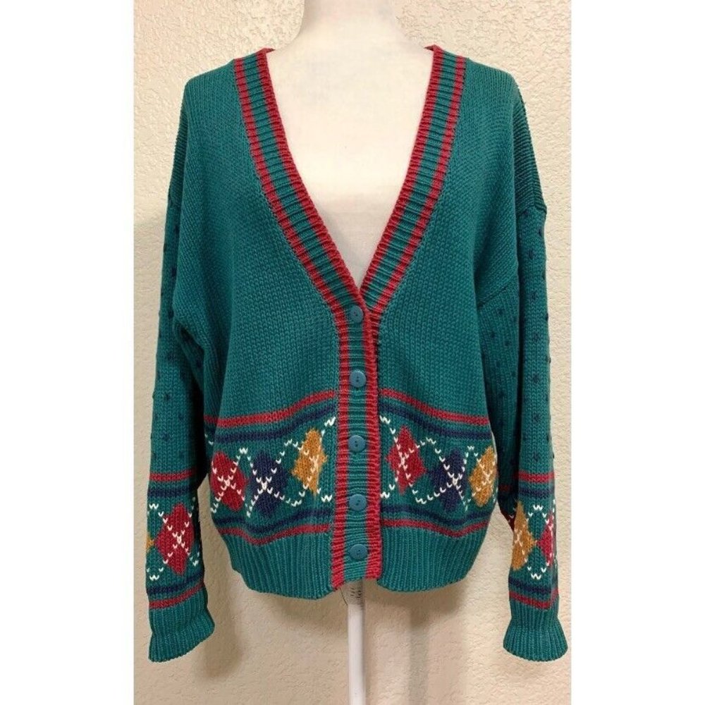 62 East Vintage 80s Teal Retro Knit Sweater Cardigan